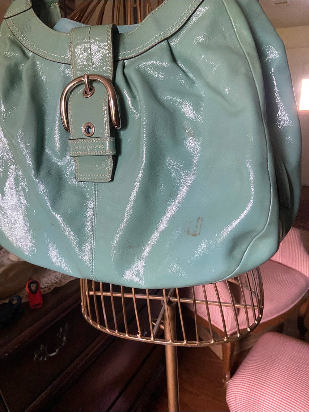 Coach Glossy Mint Green Leather Shoulder Bag with Buckle - Picture 2 of 9